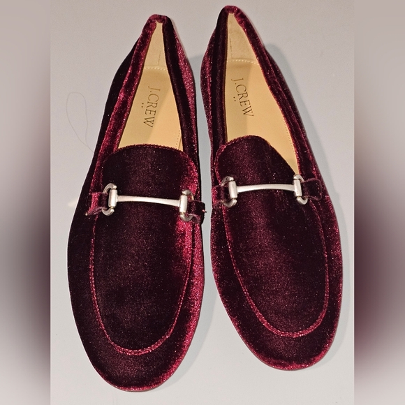 J. Crew Shoes - J. Crew Dark Red Velvet Loafers with Silver Detail